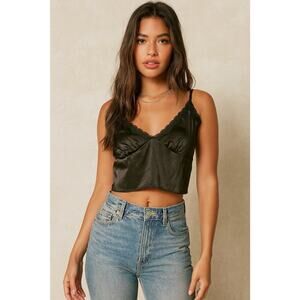 Black Satin Lace Trim Baby Cami Tank Crop Top Y2K Night Out Date Party Sexy Chic